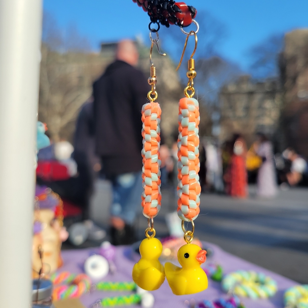 Teal Orange Zigzags w Yellow Duck Charms - Handmade Lanyard / Scoobidou Earrings